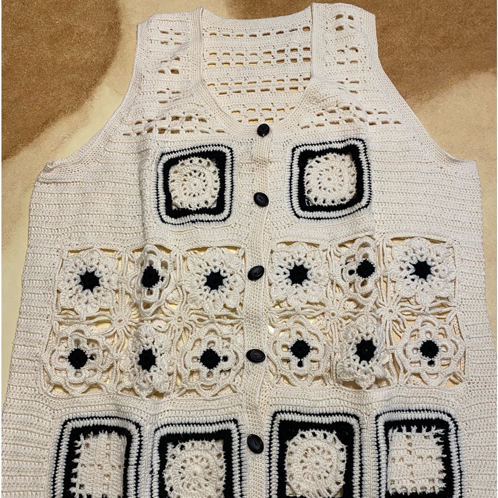 Handmade navy and ivory crocheted vest with granny squares